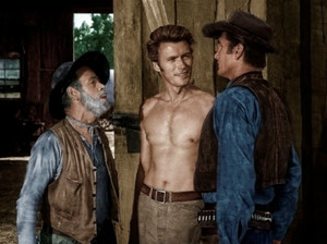  On the set of Rawhide - Eric Fleming, Paul Brinegar, and Clint Eastwood