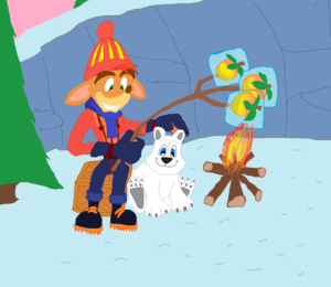 Crash Bandicoot and Polar the 곰 Snow Cold Wumpa 과일 Warm Campfire.