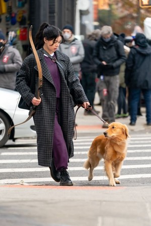 Hailee Steinfeld and Lucky the Pizza Dog on set of ‘Hawkeye’ in New York | December 8, 2020