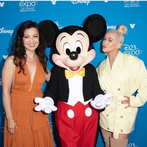 Ming-Na Wen And Christina Aguilera With Mickey Mouse Disney 23 Expo