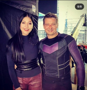 Alaqua Cox and Jeremy Renner as Echo and Clint Barton on the set of Hawkeye