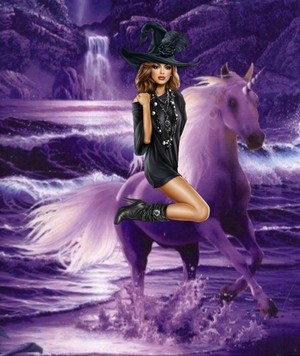 A Pretty Sexy Witch rides on an Beautiful Unicorn