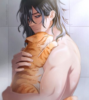 Aizawa hugging kitten