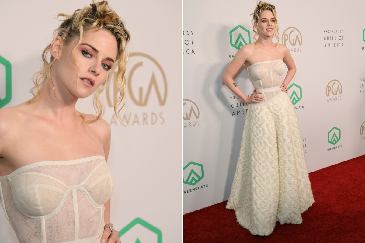 Kristen at the Producer's Guild Awards in white corset dress
