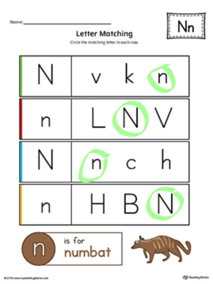 Letter N Uppercase And Lowercase Matchïng Worksheet