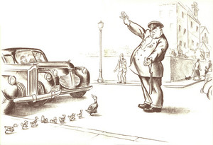 Michael helping Mrs. Mallard and the ducklings cross the street