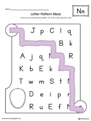N Letter Pattern Maze Worksheet (Color)