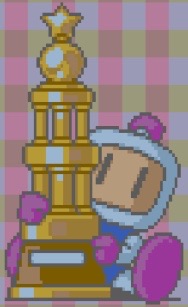 Bomberman holding a Trophy
