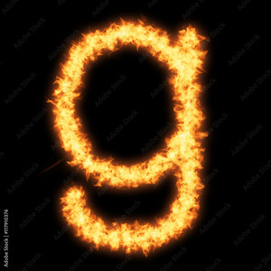  Lower case letter g with আগুন on black background