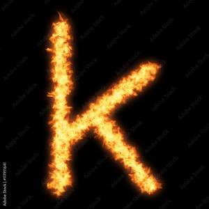 Lower case letter k with fire on black background