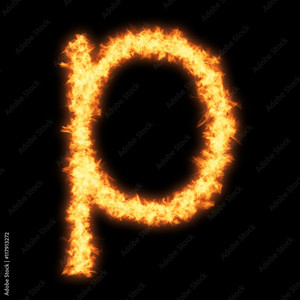  Lower case letter p with 불, 화재 on black background