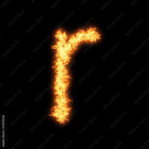 Lower case letter r with fire on black background