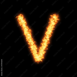 Lower case letter v with fire on black background