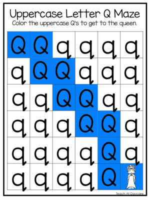 Q Uppercase Letter Maze Worksheets