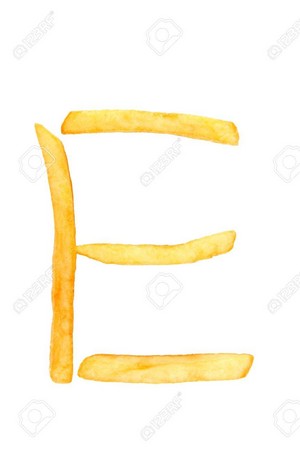 Alphabet letter e from french fries on the white