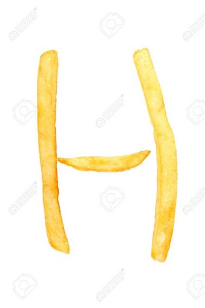 Alphabet letter h from french fries on the white