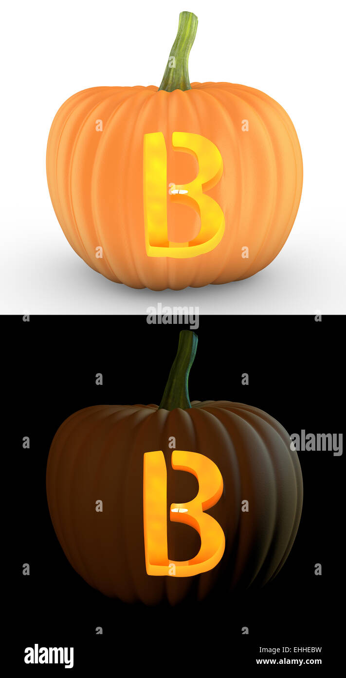 B Letter Carved On Pumpkin Jack Lantern Isolated On And White