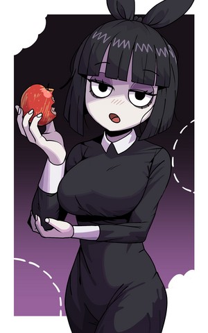 Creepy Susie eats an apple