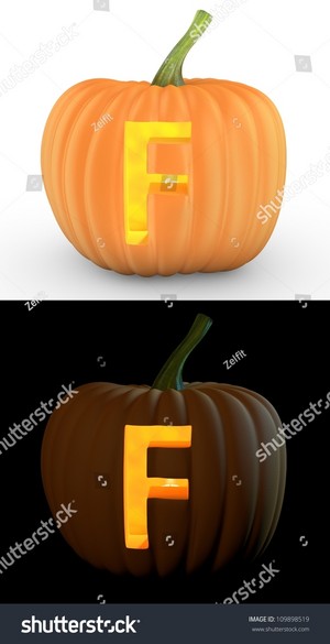 F Letter Carved On Pumpkin Jack Lantern Isolated On And White