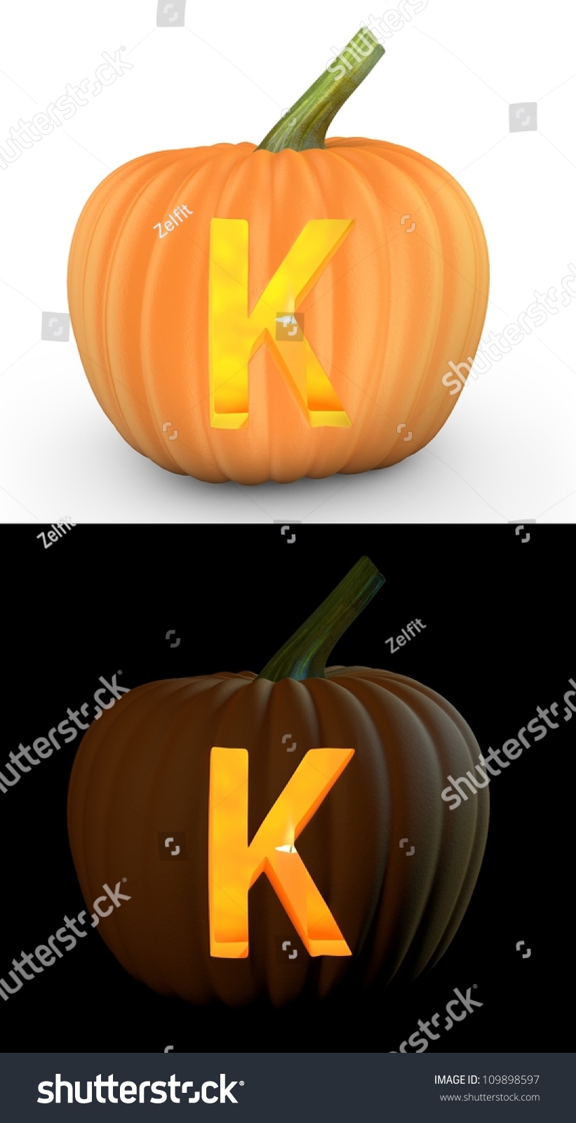 K Letter Carved On Pumpkin Jack Lantern Isolated On And White