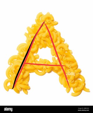  Letter A of the English alphabet from dry pastas, pasta on a white