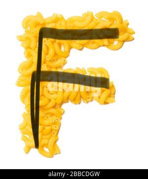  Letter F of the English alphabet from dry pasta on a white