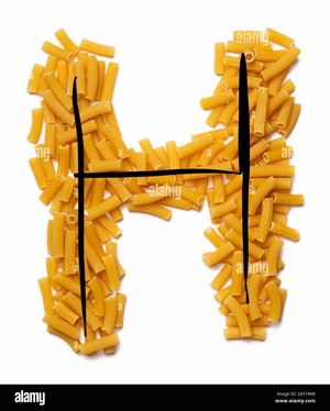  Letter H of the English alphabet from dry pasta, nudeln on a white