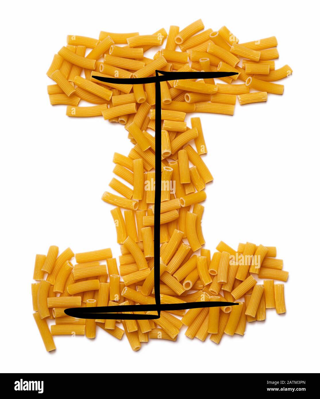 Letter I of the English alphabet from dry pasta on a white