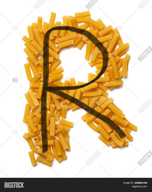  Letter R of the English alphabet from dry pasta, nudeln on a white