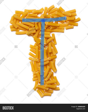 Letter T of the English alphabet from dry pasta on a white