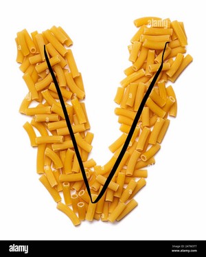  Letter V of the English alphabet from dry pastas, pasta on a white