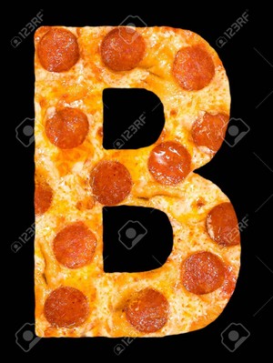 Letter b cut out of pizza with peperoni and cheese, isolated