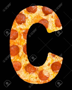  Letter c cut out of pizza with peperoni and cheese, isolated