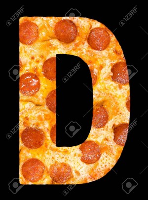  Letter d cut out of pizza with peperoni and cheese, isolated
