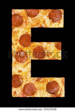 Letter e cut out of pizza with peperoni and cheese, isolated