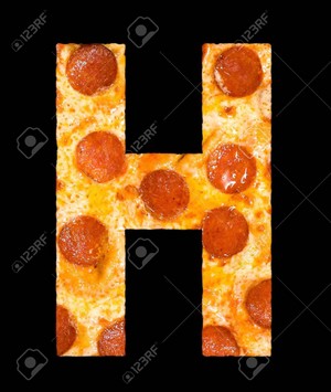 Letter h cut out of pizza with peperoni and cheese