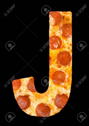  Letter j cut out of pizza with peperoni and cheese