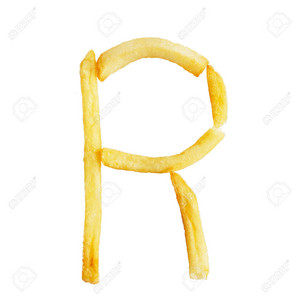 Letter r symbol is made of the  fries alphabet of french fries on white