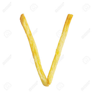 Letter v symbol is made of the fries alphabet of french fries on white