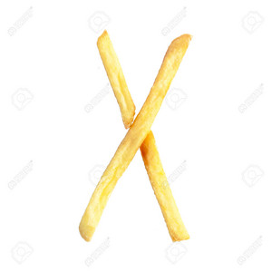 Letter x symbol is made of the fries alphabet of french fries on white