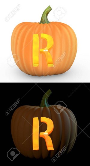 R Letter Carved On Pumpkin Jack Lantern Isolated On And White
