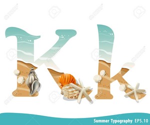 Summer alphabet letter k. seashells on the beach. vector illustration.