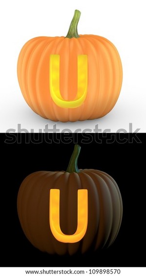U Letter Carved On Pumpkin Jack Lantern Isolated On And White