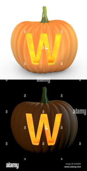  W Letter Carved On कद्दू Jack Lantern Isolated On And White