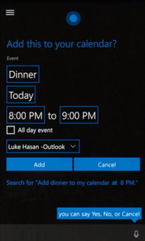 Cortana Adding New Calendar Event on Windows Phone 