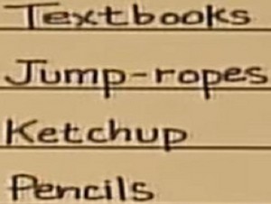 textbooks jump-ropes ketchup pencils