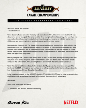 kobra, cobra Kai VI - Letter from the Creators