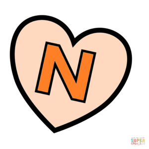  Letter N In tim, trái tim Coloring Page