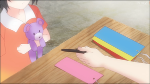  Blue Reflection rayo, ray Nina Yamada as a little kid, child, holding her purple Teddy Bear.