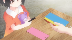  Blue Reflection 레이 Nina Yamada as a little kid, child, holding her purple Teddy Bear.